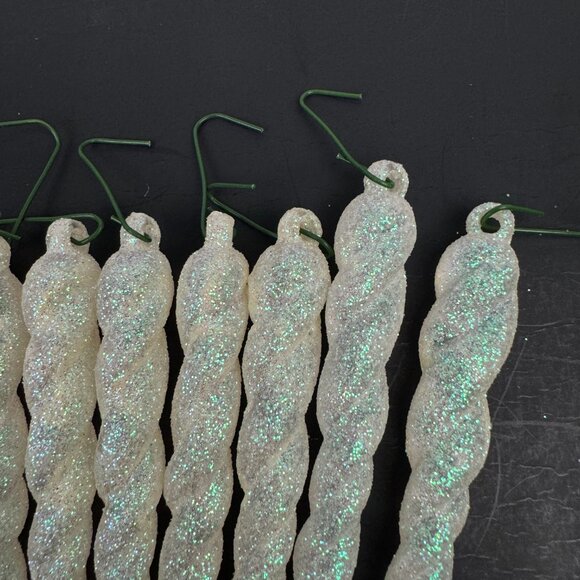 12 Vtg 5inch Hard Plastic Twist Icicle Glitter White Iridescent Ornament Xmas - Picture 9 of 10